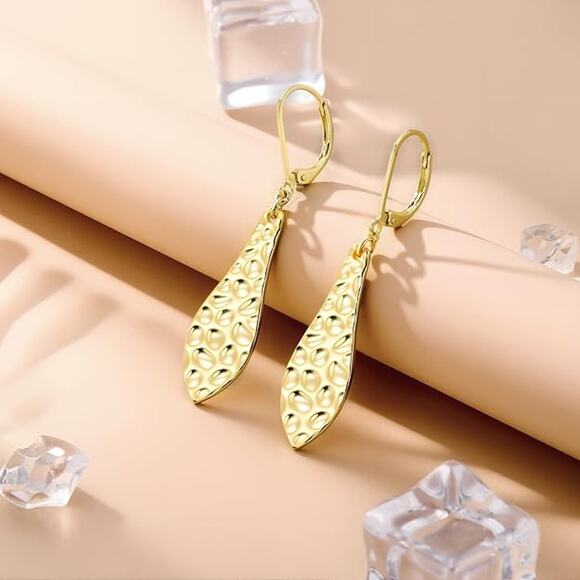 925 Sterling 14k Gold Plated Long Teardrop Leaf Dangle Earrings for Women - Picture 5 of 5